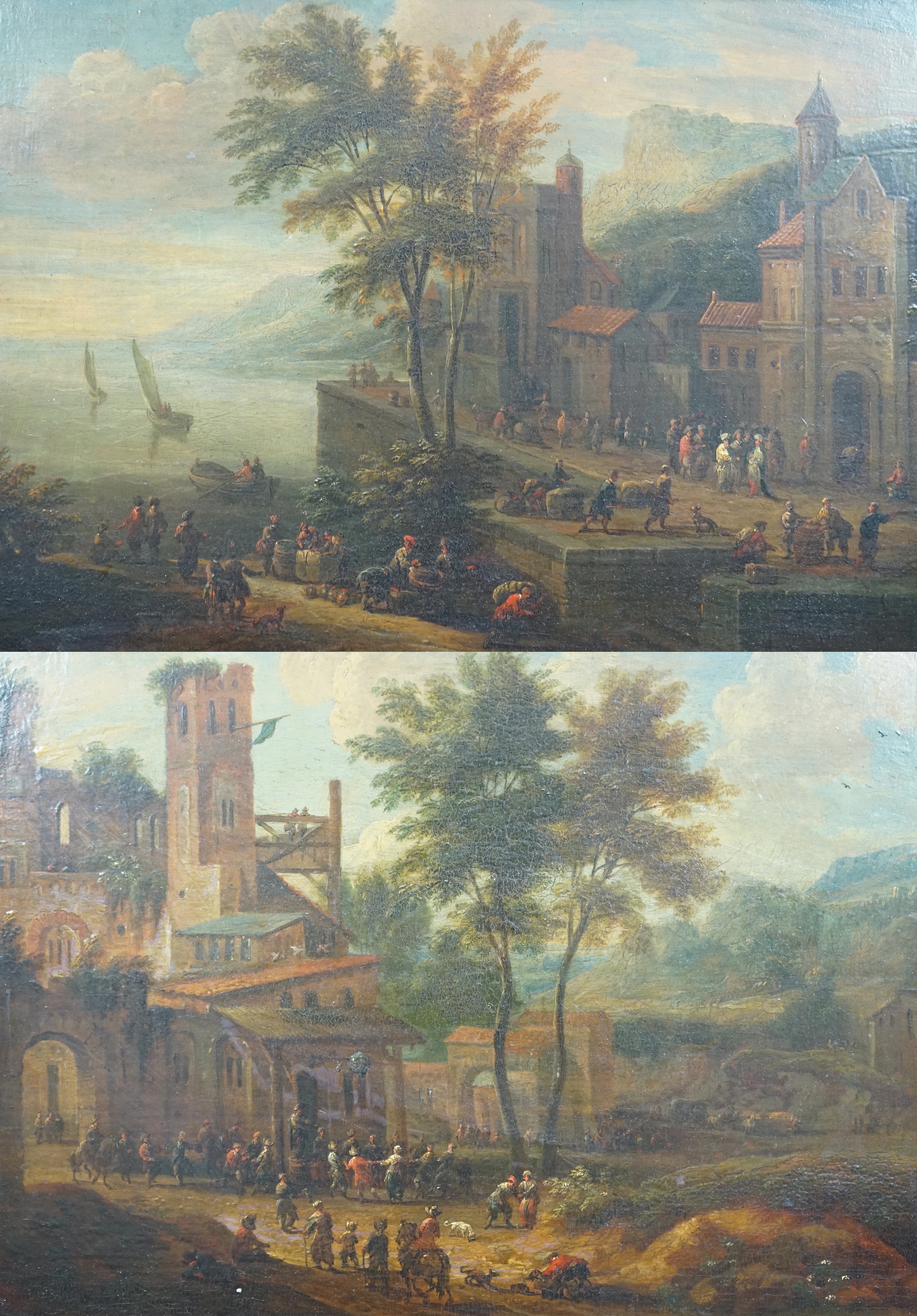 Pieter Bout (Brussels 1658-1702) and Adriaen Frans Boudewijns (Brussels 1644-1711), A coastal port with figures moving cargo and, A fortified town with revellers beyond the walls, oil on panel, a pair, 23 x 32cm